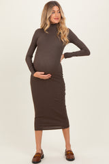 Brown Turtle Neck Long Sleeve Rib Fitted Maternity Midi Dress