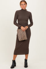Brown Turtle Neck Long Sleeve Rib Fitted Midi Dress