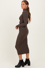 Brown Turtle Neck Long Sleeve Rib Fitted Midi Dress