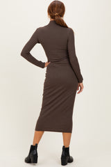Brown Turtle Neck Long Sleeve Rib Fitted Midi Dress