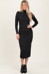 Black Turtle Neck Long Sleeve Rib Fitted Maternity Midi Dress