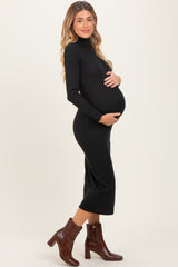 Black Turtle Neck Long Sleeve Rib Fitted Maternity Midi Dress