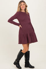 Burgundy Textured Rib Tiered Long Sleeve Maternity Dress