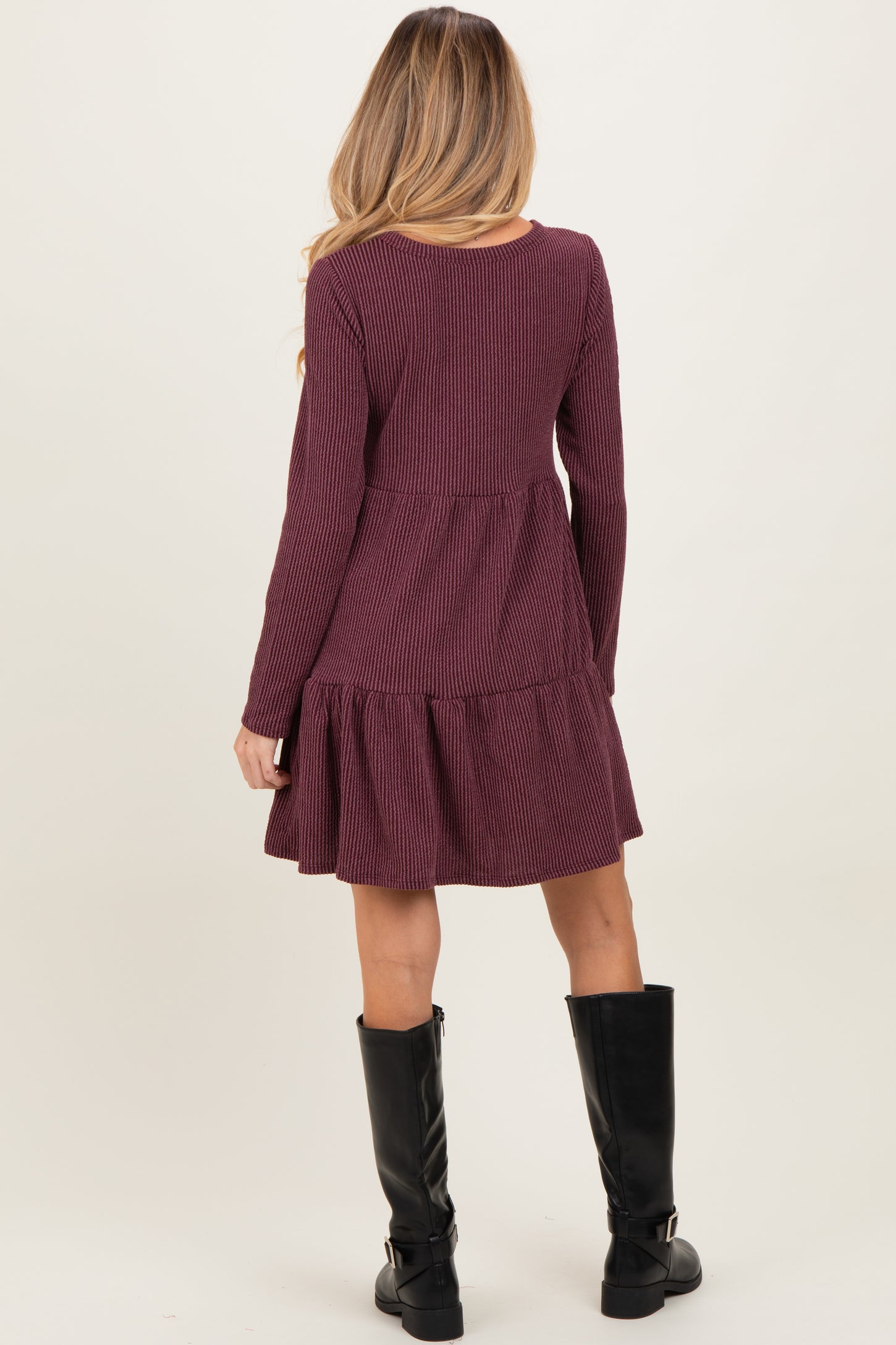 Burgundy Textured Rib Tiered Long Sleeve Maternity Dress