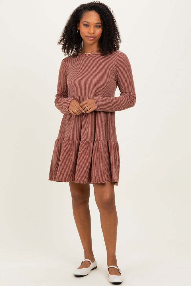 Rust Textured Rib Tiered Long Sleeve Maternity Dress