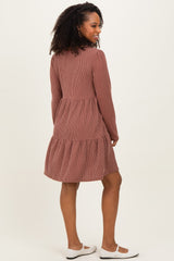 Rust Textured Rib Tiered Long Sleeve Dress