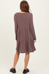Brown Textured Rib Tiered Long Sleeve Dress