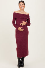Burgundy Long Sleeve Off Shoulder Maternity Maxi Dress