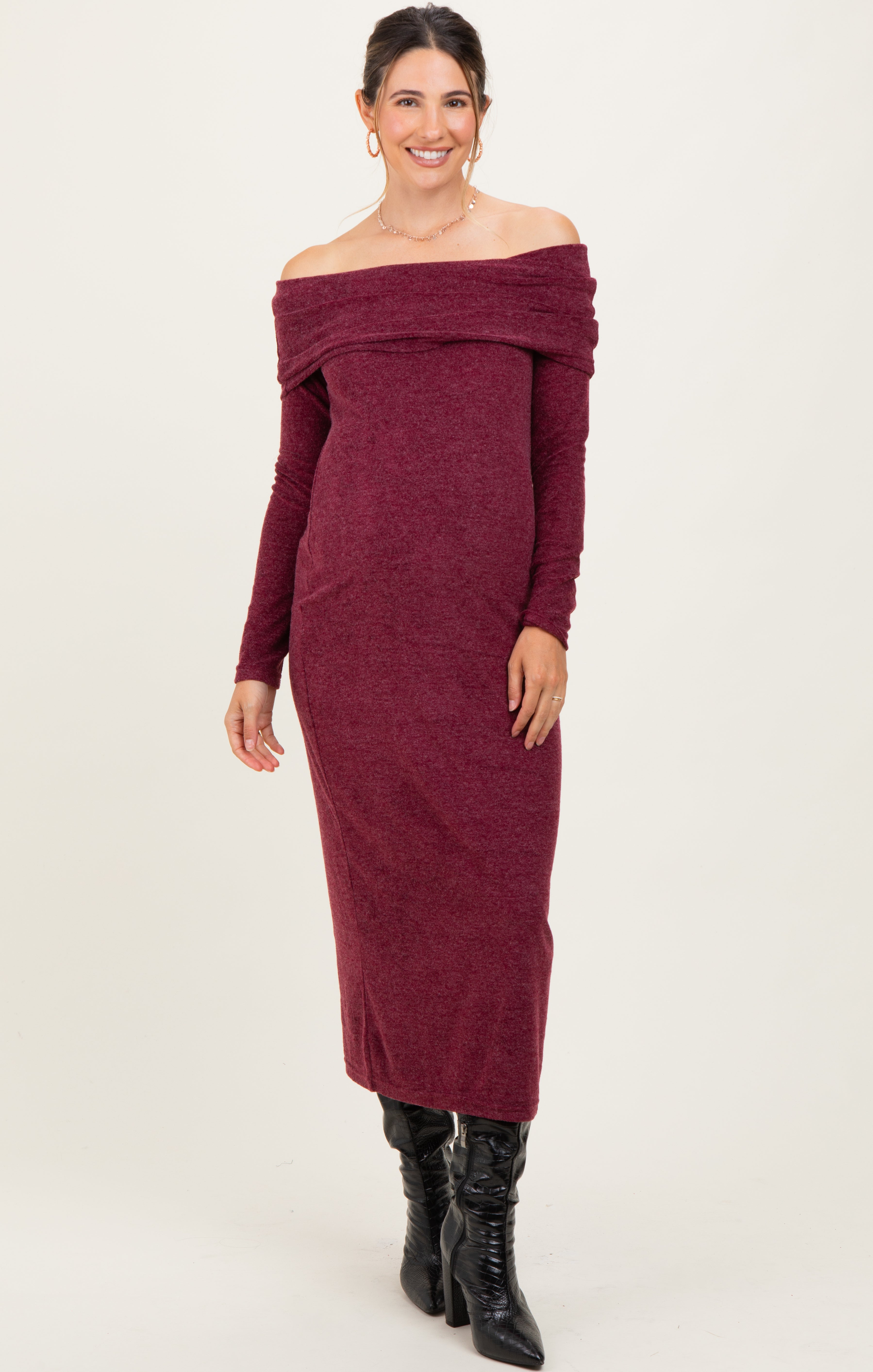 Burgundy Long Sleeve Off Shoulder Maternity Maxi Dress – PinkBlush