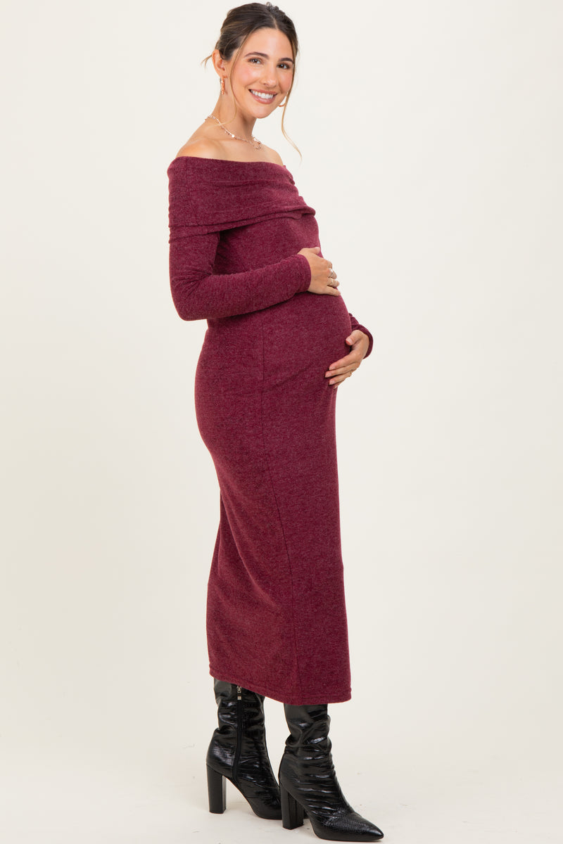 Burgundy Long Sleeve Off Shoulder Maternity Maxi Dress  PinkBlush