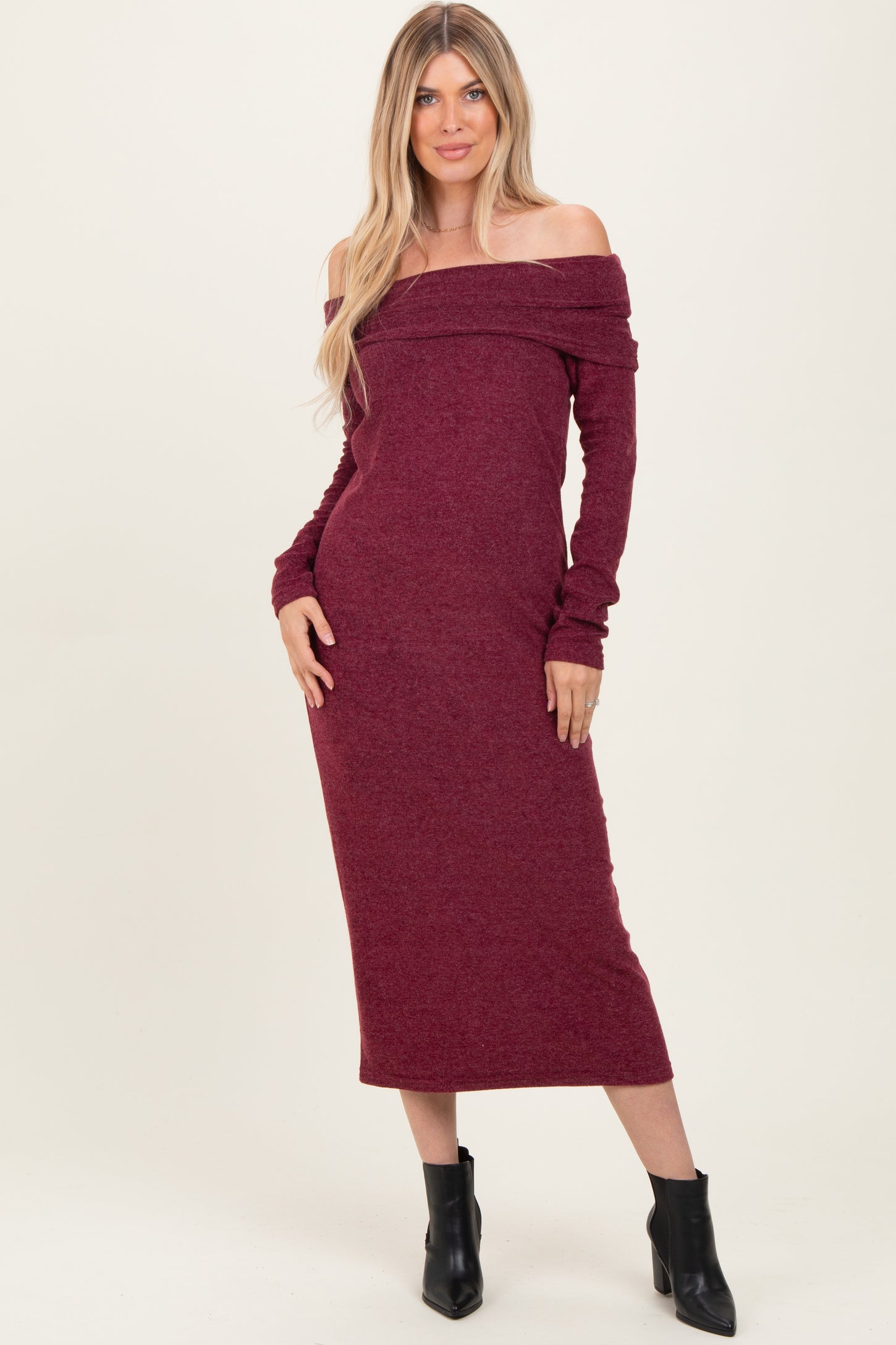 Burgundy Long Sleeve Off Shoulder Maxi Dress