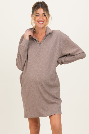 Taupe Brushed Quarter Zip Jersey Lounge Maternity Sweatshirt Dress