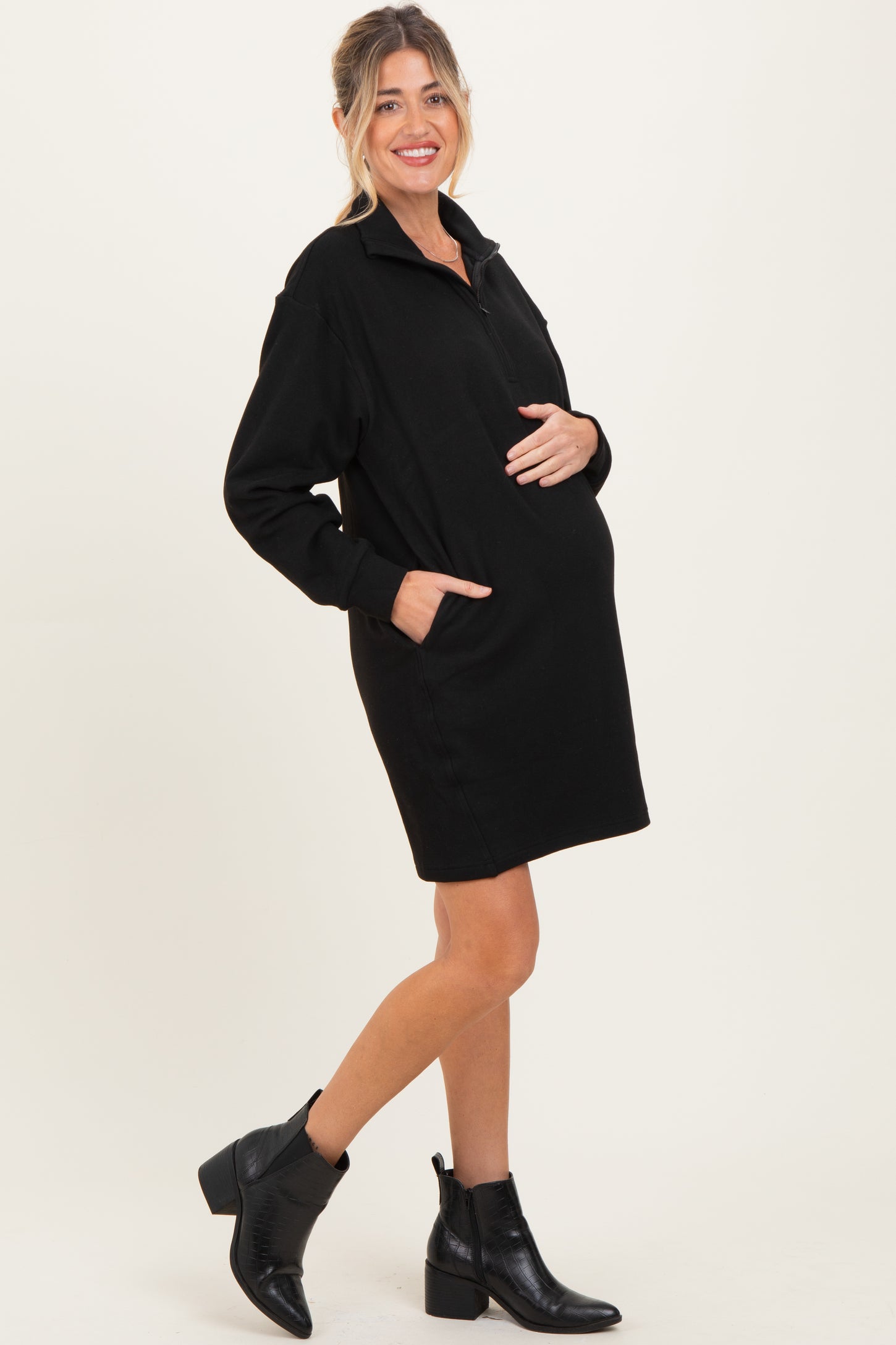 Black Brushed Quarter Zip Jersey Lounge Maternity Sweatshirt Dress Black Brushed Quarter Zip Jersey Lounge Maternity Sweatshirt Dress