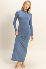 Blue Turtleneck Long Sleeve Maxi Dress