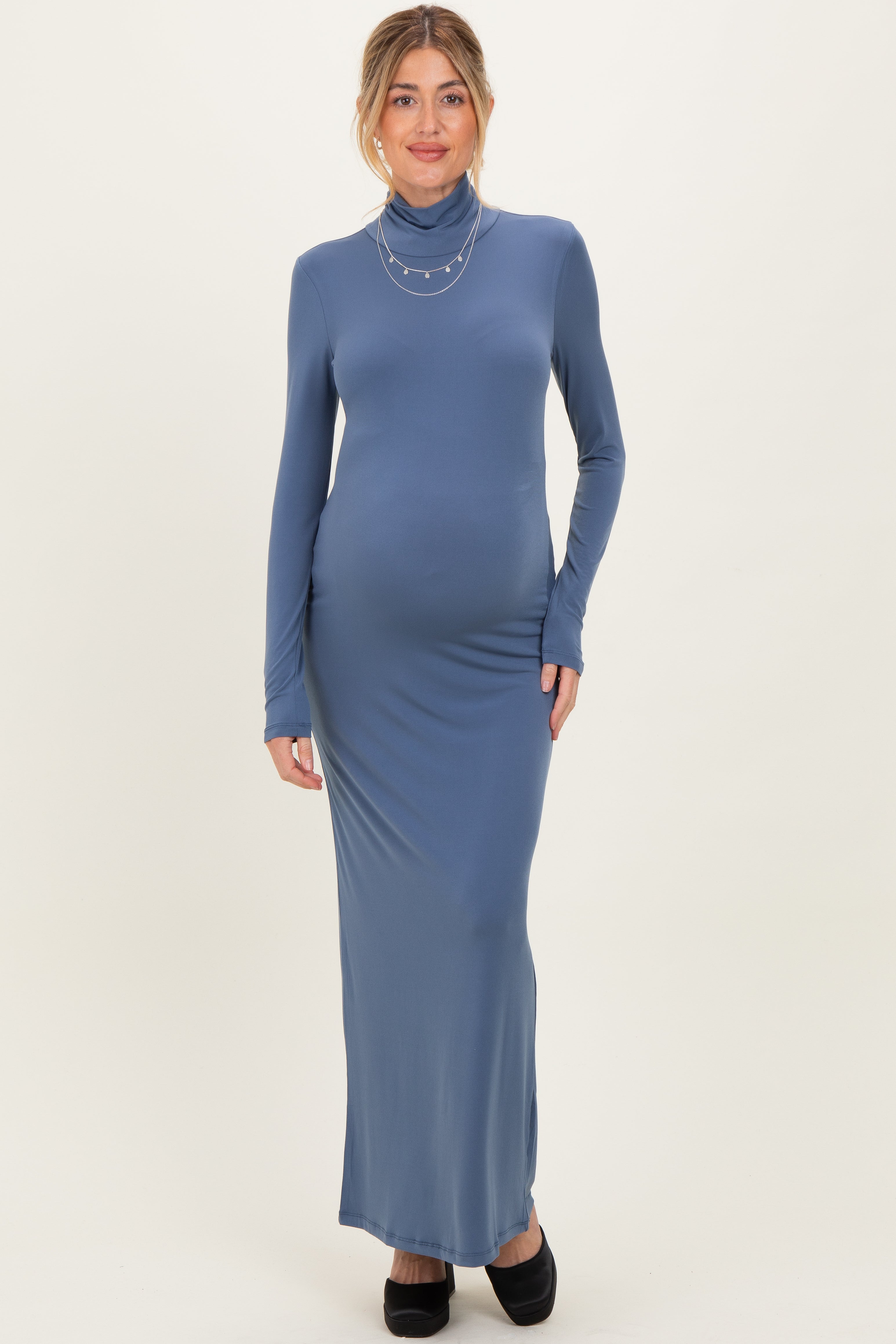blue long sleeve turtleneck dress Blue Turtleneck Long Sleeve Maternity Maxi Dress
