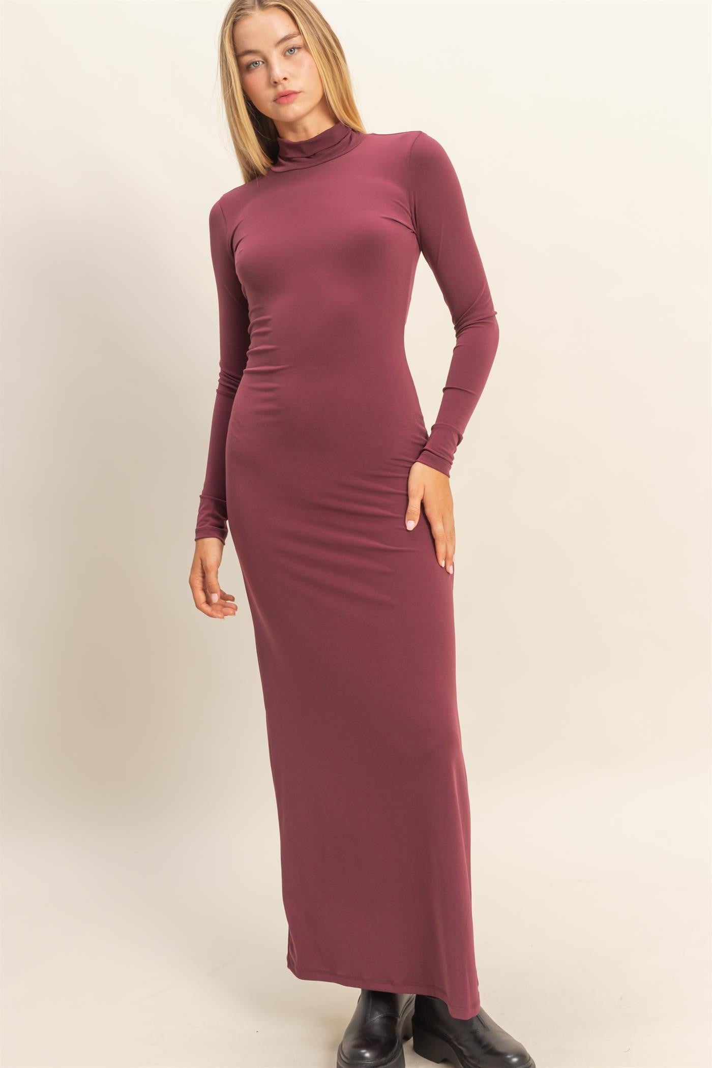Burgundy Turtleneck Long Sleeve Maxi Dress