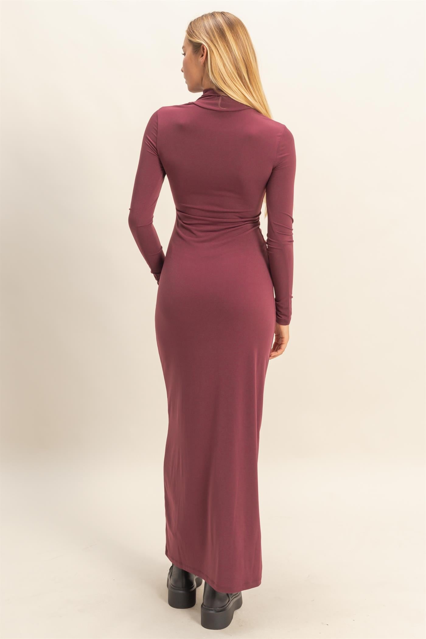 Burgundy Turtleneck Long Sleeve Maxi Dress