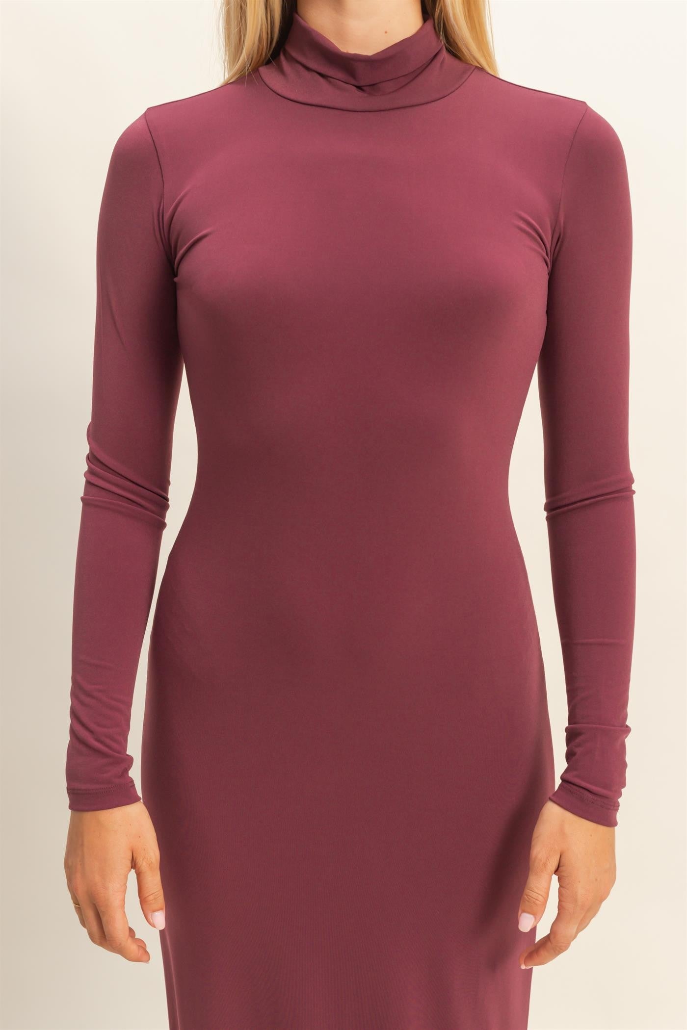 maroon long sleeve dress with a turtleneck ribboned collar Women's Toasty Thoughts Burgundy Red Knit Turtleneck Sweater Midi Dress | Size: S