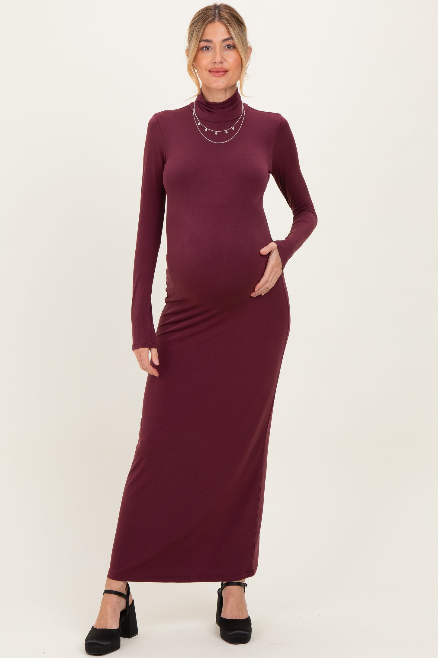 Burgundy Turtleneck Long Sleeve Maternity Maxi Dress