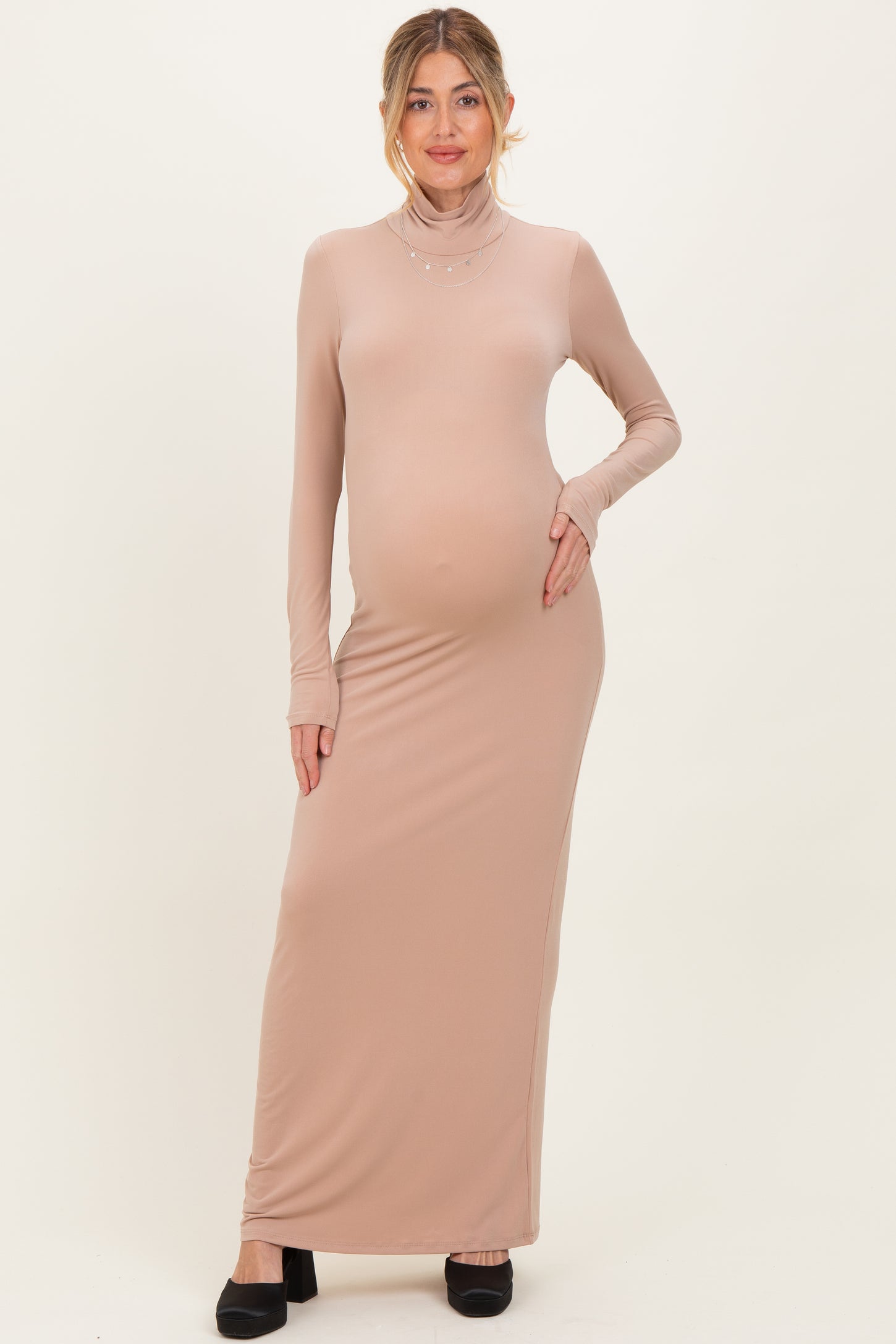 Beige Turtleneck Long Sleeve Maternity Maxi Dress Beige Turtleneck Long Sleeve Maternity Maxi Dress