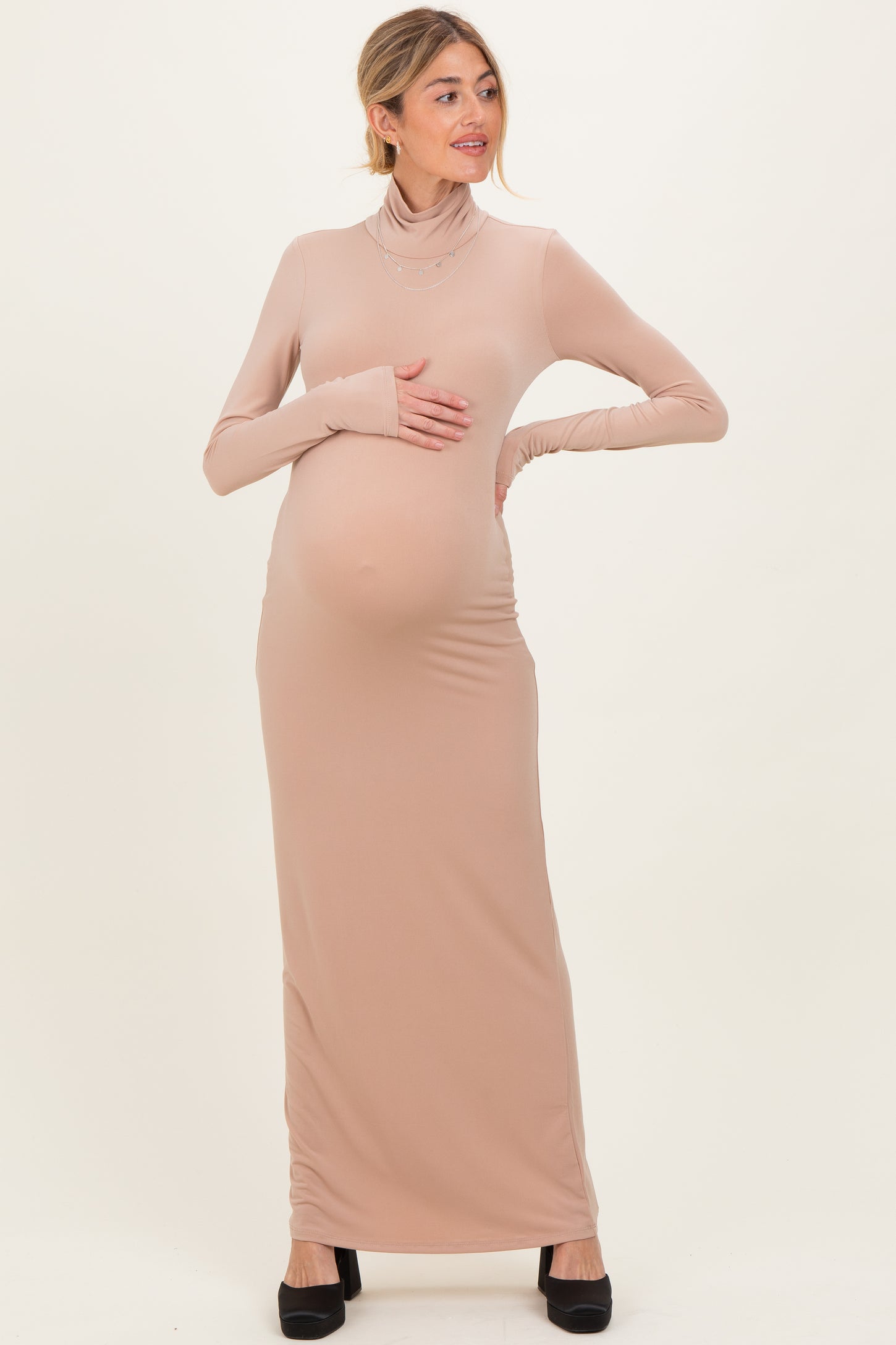 Beige Turtleneck Long Sleeve Maternity Maxi Dress Beige Turtleneck Long Sleeve Maternity Maxi Dress