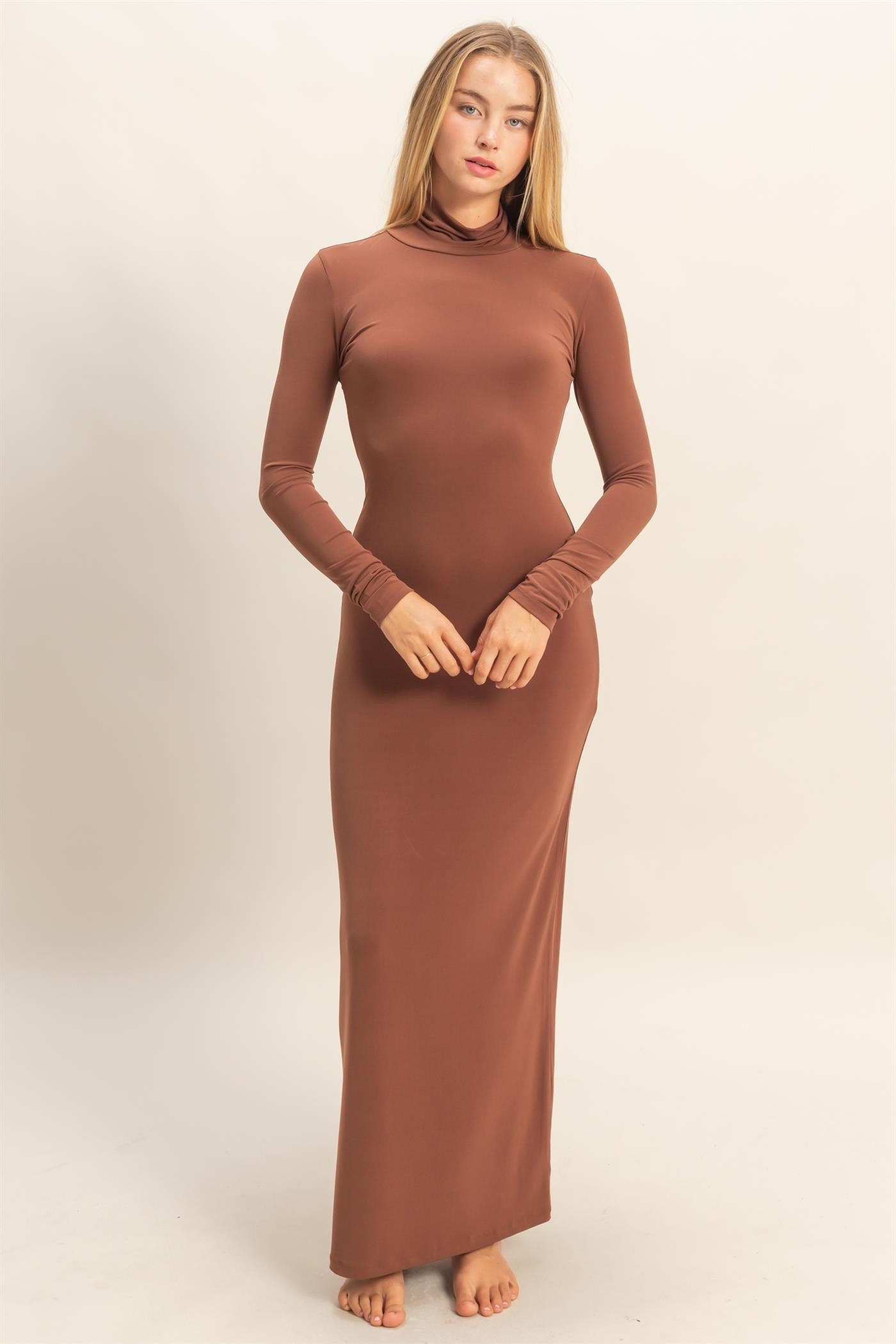 Camel Turtleneck Long Sleeve Maternity Maxi Dress
