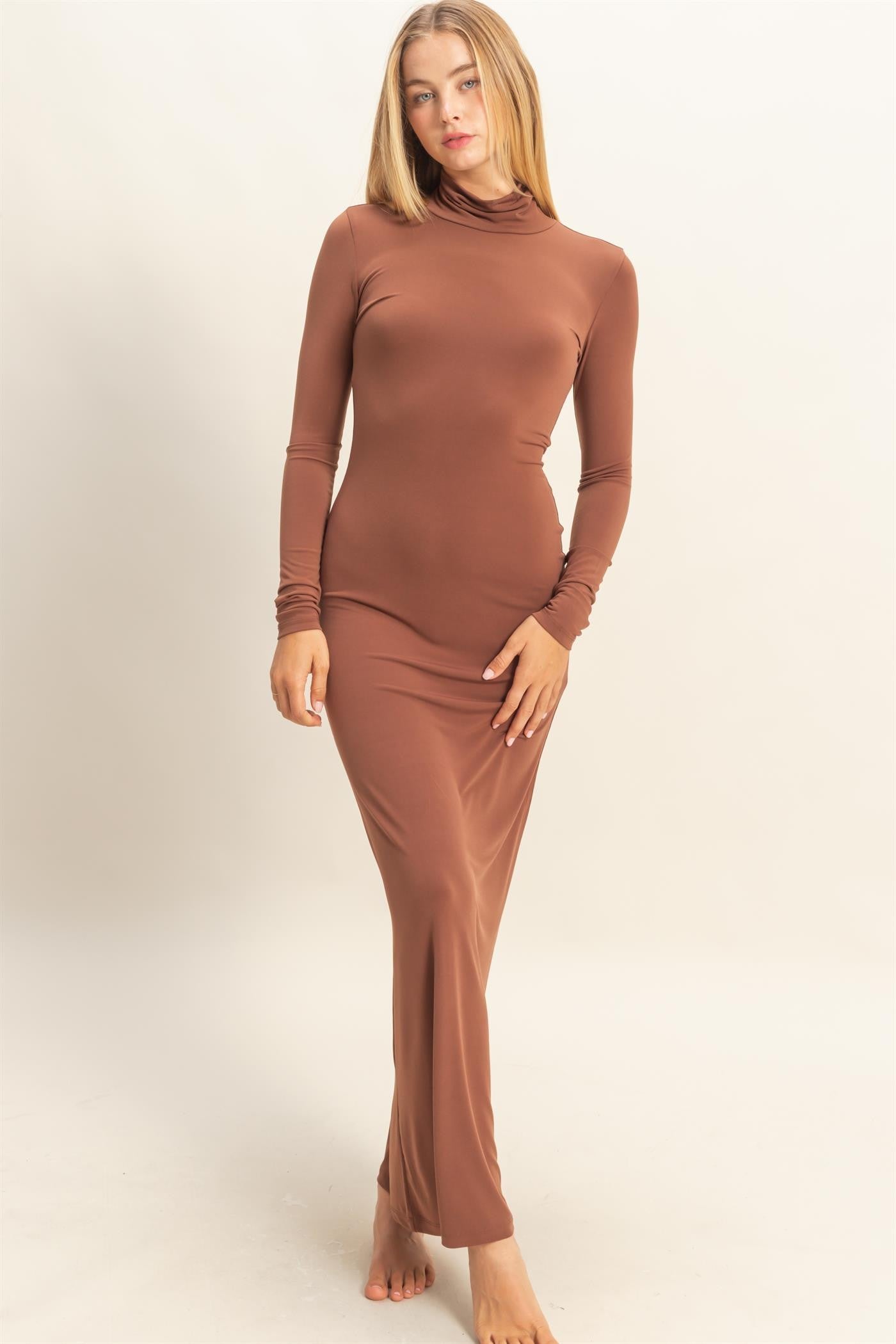 Camel Turtleneck Long Sleeve Maxi Dress
