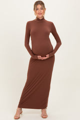 Camel Turtleneck Long Sleeve Maternity Maxi Dress