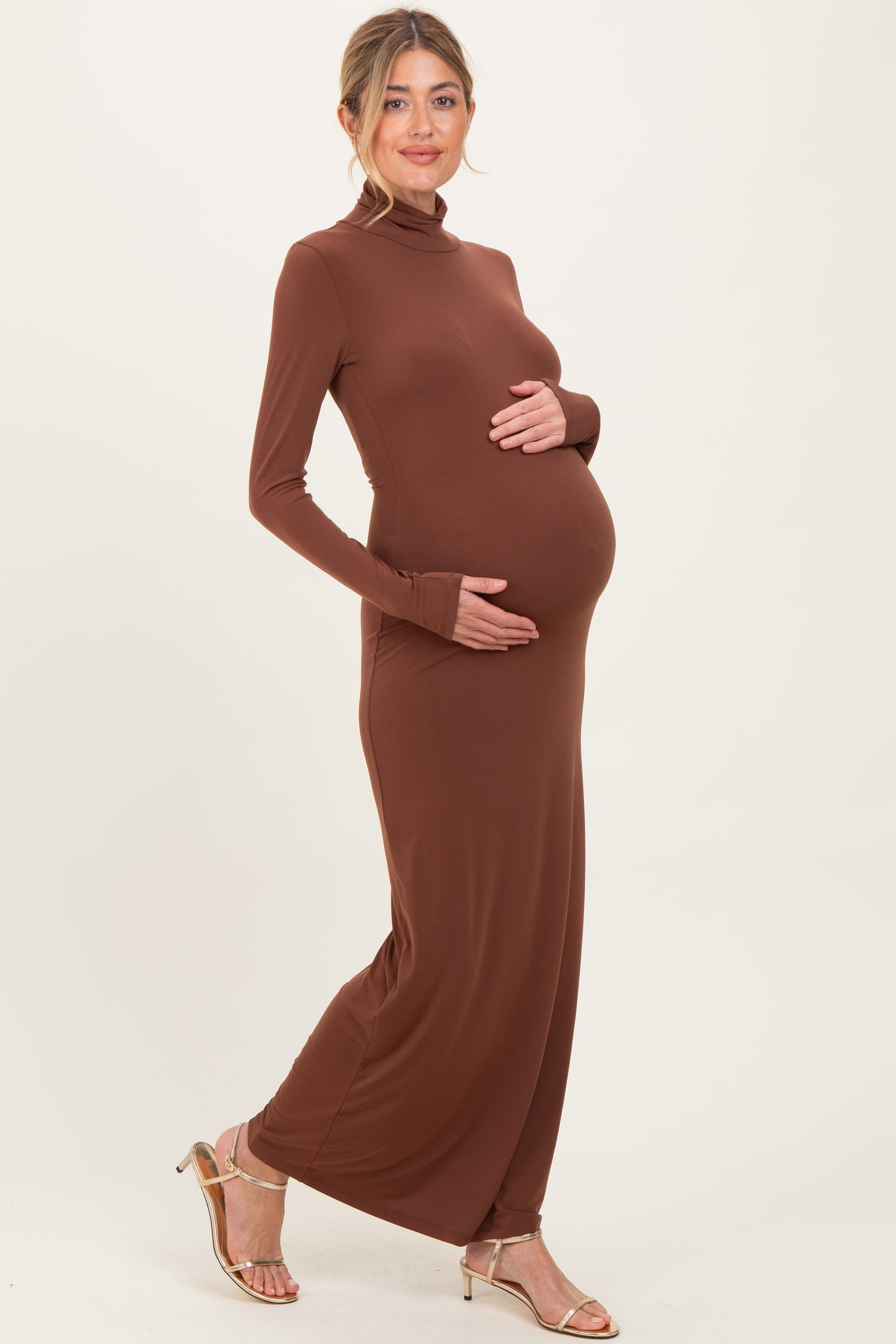 Camel Turtleneck Long Sleeve Maternity Maxi Dress – PinkBlush