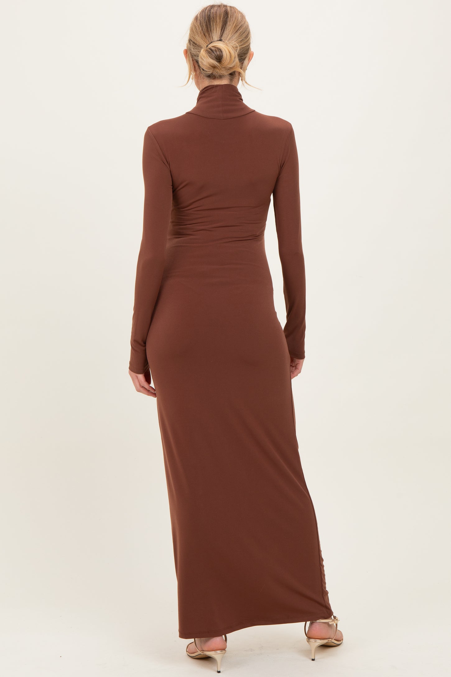 Camel Turtleneck Long Sleeve Maternity Maxi Dress