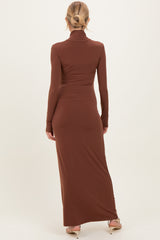 Camel Turtleneck Long Sleeve Maternity Maxi Dress