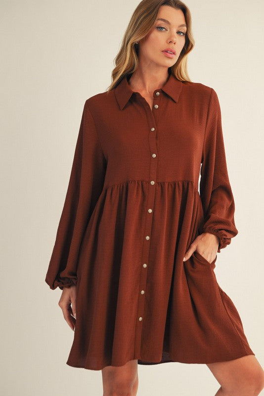 Brown Tiered Back Detail Button Down Maternity Dress