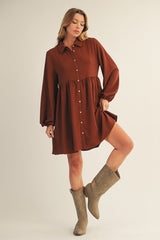 Brown Tiered Back Detail Button Down Dress