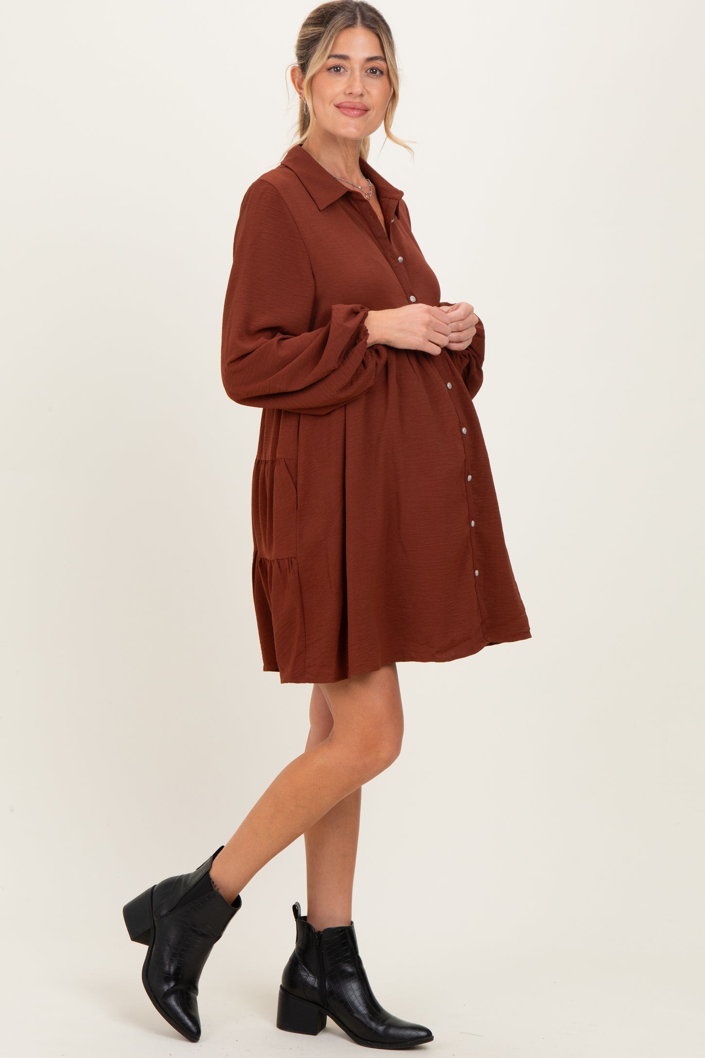 Brown Tiered Back Detail Button Down Maternity Dress