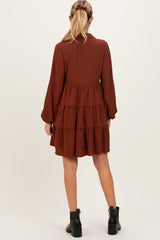 Brown Tiered Back Detail Button Down Maternity Dress