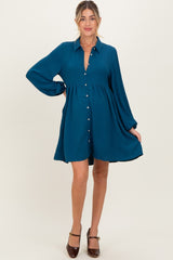 Dark Teal Tiered Back Detail Button Down Maternity Dress