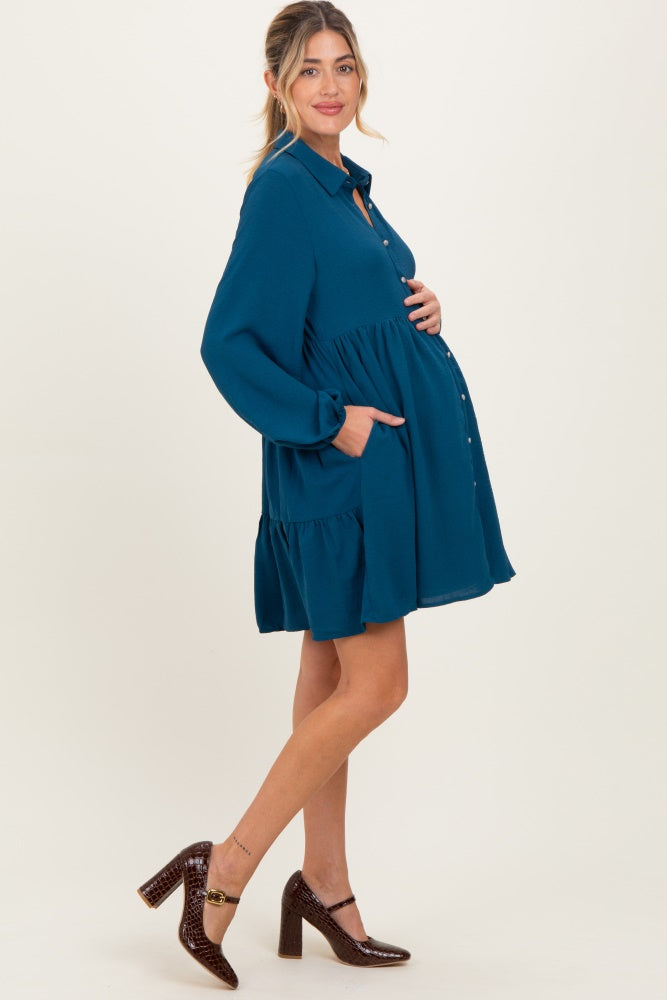 Dark Teal Tiered Back Detail Button Down Maternity Dress