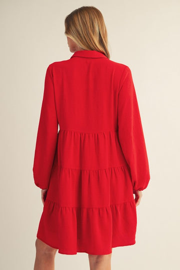 Red Tiered Back Detail Button Down Dress