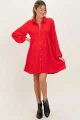 Red Tiered Back Detail Button Down Maternity Dress