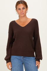 Brown V-Neck Drop Shoulder Back Bow Tie Detail Maternity Sweater
