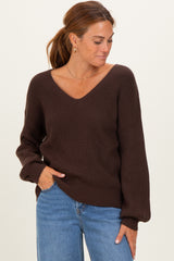 Brown V-Neck Drop Shoulder Back Bow Tie Detail Sweater