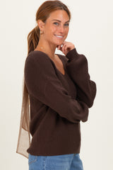 Brown V-Neck Drop Shoulder Back Bow Tie Detail Sweater
