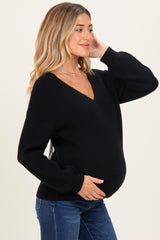 Black V-Neck Drop Shoulder Back Bow Tie Detail Maternity Sweater