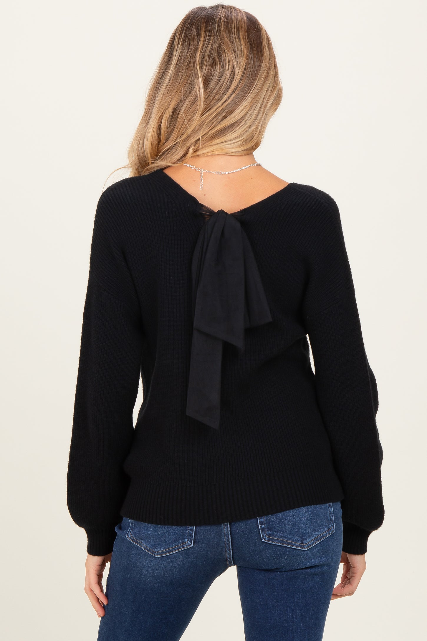 Black V-Neck Drop Shoulder Back Bow Tie Detail Maternity Sweater