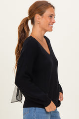 Black V-Neck Drop Shoulder Back Bow Tie Detail Sweater