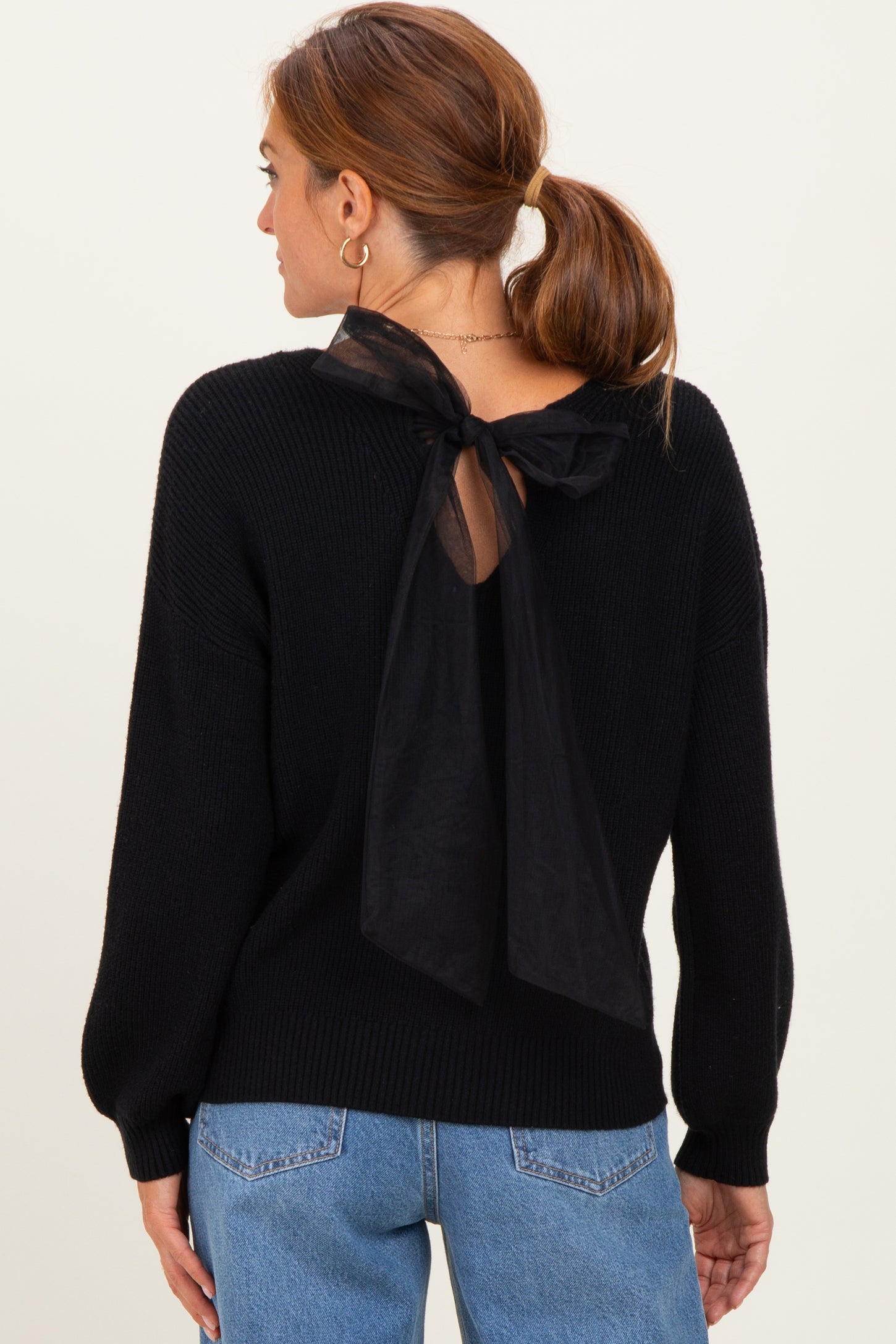 Black V-Neck Drop Shoulder Back Bow Tie Detail Sweater