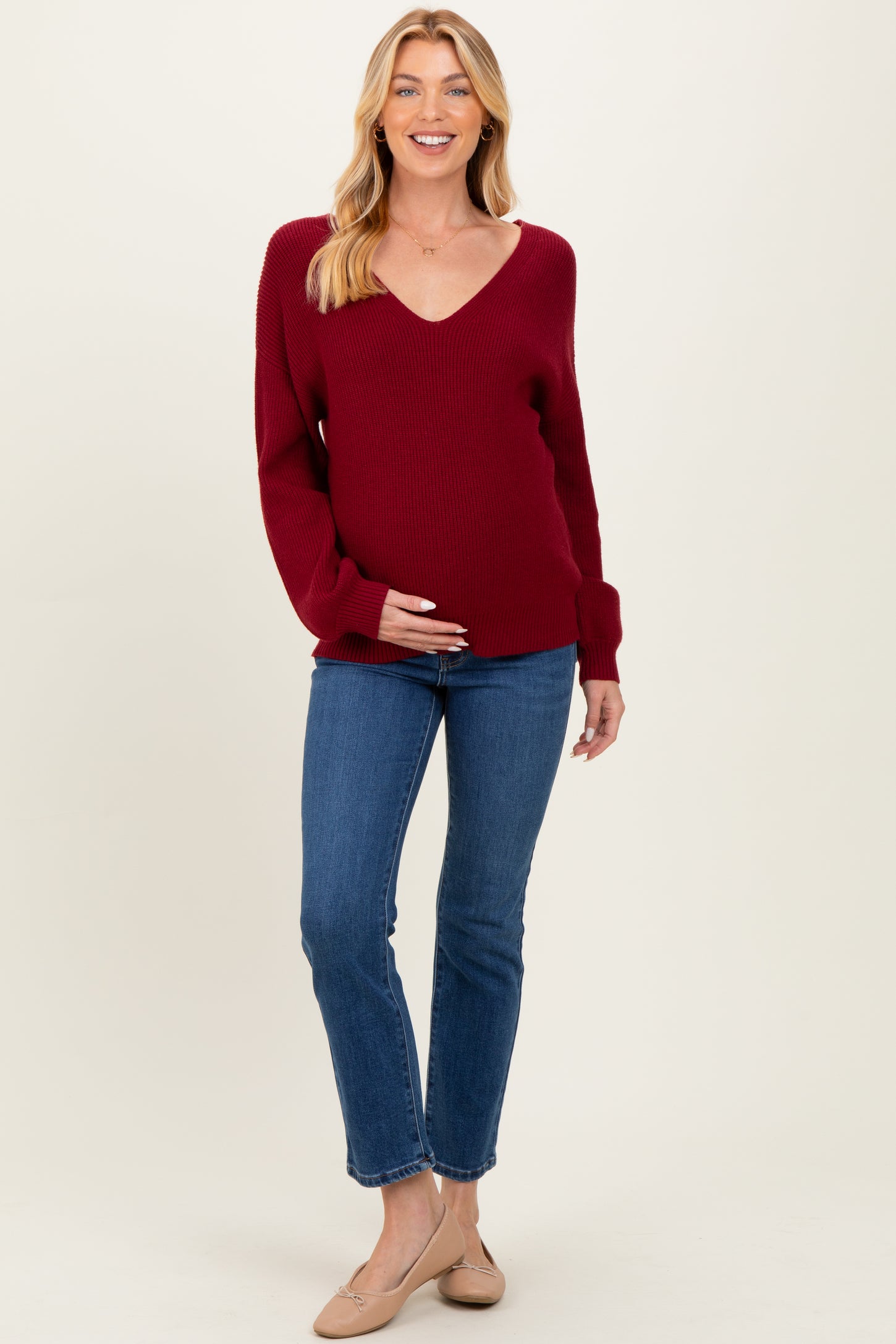 Burgundy V-Neck Drop Shoulder Back Bow Tie Detail Maternity Sweater