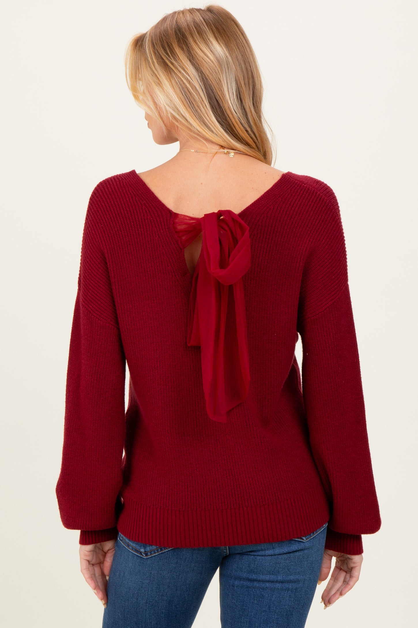 Burgundy V-Neck Drop Shoulder Back Bow Tie Detail Maternity Sweater