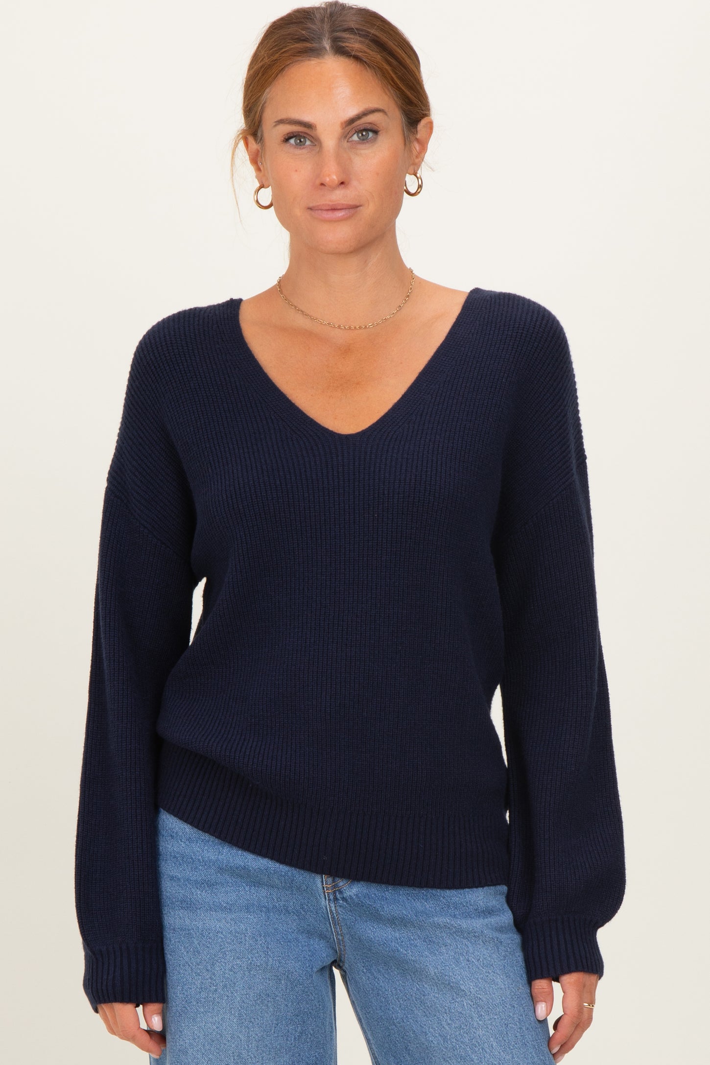 Navy V-Neck Drop Shoulder Back Bow Tie Detail Maternity Sweater