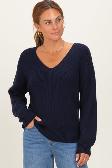 Navy V-Neck Drop Shoulder Back Bow Tie Detail Sweater